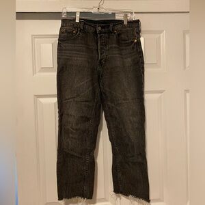 Gap Size 29 Petite Cheeky Straight High Rise Jeans Dark Gray Wash Distressed Hem